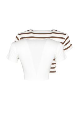 Premium Ekru-Ekru Kahverengi Cizgili 2li Paket Viskoz Crop Esnek Orme Bluz TWOSS23BZ00194