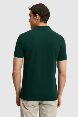 Erkek Slim Fit Polo Yaka Koyu Ye_il Basic Ti__rt