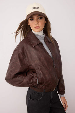 Kahverengi Oversize Kal?p Suni Deri Bomber Ince Ceket Mont TWOAW26MO00047 - Trendyolmilla фото 2