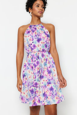 Mor Cicekli Halter Yaka A Kesim Baglama Detayl? Mini Dokuma Elbise TWOSS22EL00666