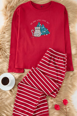 Trendyolmilla Kad?n Couple/Cift Bej %100 Pamuklu Cizgili Y?lbas? Temal? Orme Pijama Tak?m? THMAW25PT00164