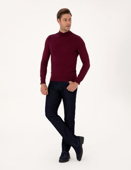Bordo Slim Fit Yar_m Bal_k__ Yaka Basic Triko Kazak