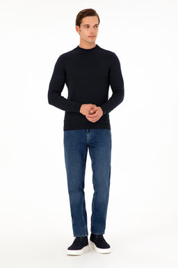 Erkek Slim Fit _eyrek Bal_k__ Yaka Lacivert Basic Triko Kazak