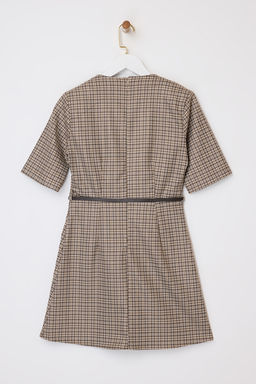 Bej Ekose/Kareli Kemer Detayl? k?sa/mini Dokuma Elbise TWOSS26EL00064 - Trendyolmilla фото 6