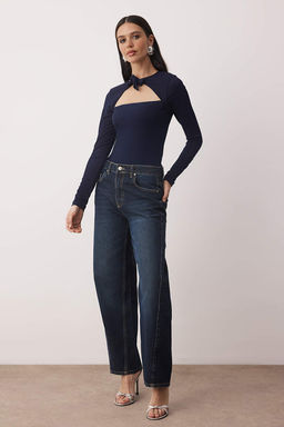 Lacivert Duz Asimetrik Yaka Uzun Orme Sandy Body TPRAW26BD00023