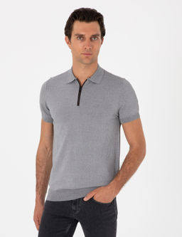 Gri Slim Fit Fermuarl_ Polo Yaka Triko T-shirt