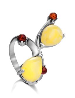 Кольцо из натурального пейзажного янтаря в серебре Эврика