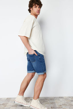 TRENDYOL MAN Mavi Slim Fit T?rm?k Destroylu Denim Kot Sort TMNSS21SR0727 - Trendyolmilla фото 8