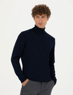 Lacivert Slim Fit Bal_k__ Yaka Y_n Kar___ml_ Basic Triko Kazak
