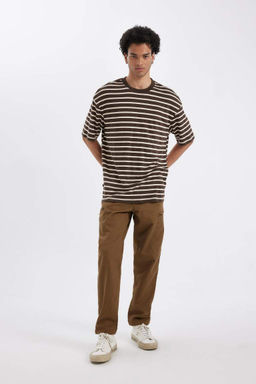 Полосатая футболка из плотной ткани с короткими рукавами и круглым вырезом Comfort Fit - Defacto фото 2