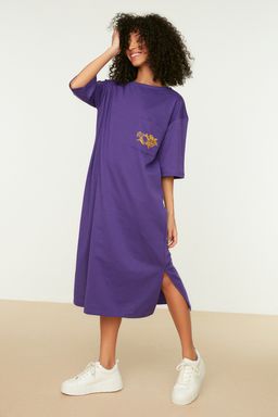 Mor Nak?sl? Relaxed/Rahat Kesim Bisiklet Yaka Midi Orme Elbise TWOSS21EL0175