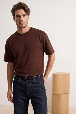Kahverengi Oversize/Geni_ Kesim Pamuklu Kal_n Basic T-Shirt TEDSS25TS00005