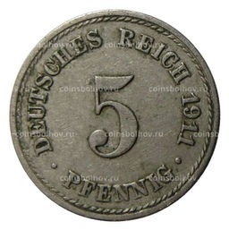 Монета 5 пфеннигов 1911 года A Германия