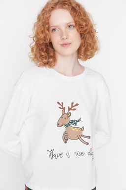 Cok Renkli %100 Pamuklu Y?lbas? Temal? Orme Pijama Tak?m? THMAW21PT0776