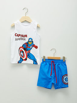 Bisiklet Yaka Captain America Bask?l? Erkek Bebek File Detayl? Y?zme Tak?m