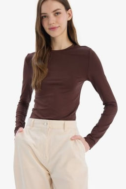 Fitted Bisiklet Yaka Basic Duz Uzun Kollu Tisort