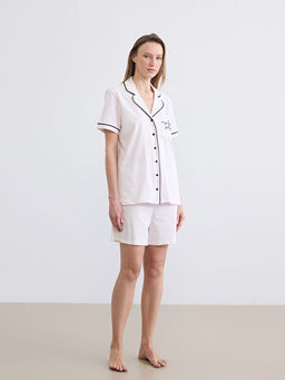 G?mlek Yaka ?izgili Kad?n ?ortlu Pijama Tak?m?