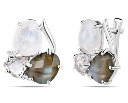 Серьги, горный хрусталь , лабрадорит , лунный камень, Богема