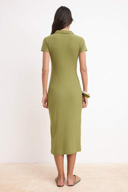 Yag Yesili Fitted/Vucuda Oturan Polo Yaka K?sa Kollu Midi Fitilli Esnek Orme Elbise TWOSS26EL00098 - Trendyolmilla фото 4