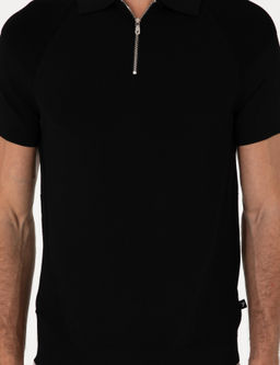 Siyah Slim Fit Fermuarl_ Polo Yaka Triko T-shirt
