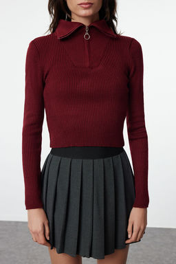 TRENDYOLMILLA Bordo Crop Fermuar Detayl? Triko Kazak TWOAW24KZ01208