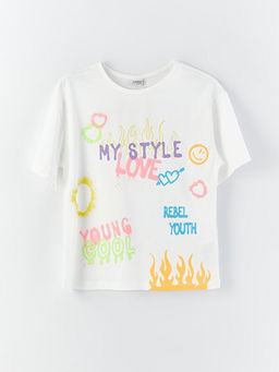 Bisiklet Yaka Bask?l? K?sa Kollu K?z ?ocuk Ti??rt