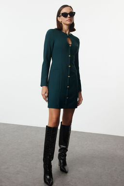 Petrol Duz Duz Kesim Dugme Detayl? Bisiklet Yaka Mini Dokuma Elbise TWOAW24EL00410