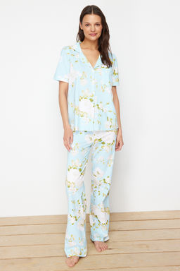 Trendyolmilla Mavi %100 Pamuklu Cicek Desenli Orme Pijama Tak?m? THMSS20PT0062  фото 3