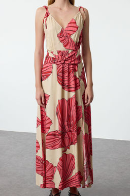 TRENDYOLMILLA Camel Leopar Desenli Kruvaze Y?rtmac Detayl? Maxi Dokuma Elbise TWOSS23EL01892  фото 9