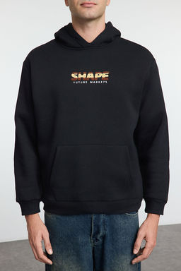 TRENDYOL MAN Siyah Oversize/Genis Kesim Yaz? Bask?l? Kapusonlu Ici Polar Sweatshirt TMNAW25SW00100 - Trendyolmilla фото 3
