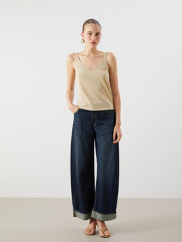 V Yaka Parlak Dokulu Bluz