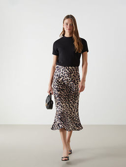 Dar Fit Leopar Desenli Saten Kad?n Etek