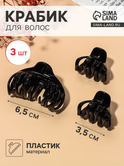 Цена за 6 шт. Крабики для волос «Флориана», набор 3 шт., объём, 6.5 и 3.5 см, чёрные