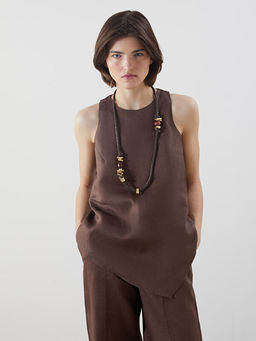 Bisiklet Yaka Keten Kar???ml? Asimetrik Kesim Bluz