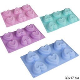Форма для выпечки 6 ячеек силиконовая/ YH444 /уп 6/144/0.118/Сердце/30*17/0.112