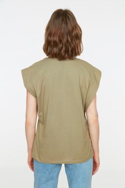 Haki %100 Pamuk Vatka Gorunumlu Basic Bisiklet Yaka Orme T-Shirt TWOSS20TS0021