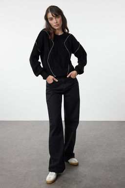 Siyah Genis Kal?p Orgu Detayl? Bisiklet Yaka Triko Kazak TWOAW25KZ00322 - Trendyolmilla фото 2