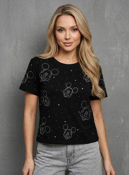 K13694 Футболка со стразами (хлопок) ЧЕРНЫЙ