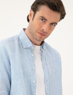 Синяя льняная рубашка классического кроя - Cacharel фото 2