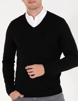 Siyah Slim Fit V Yaka Basic Triko Kazak - Pierre cardin фото 6