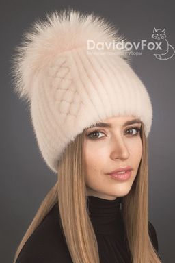 Шапка Лыжница норка орнамент розовый жемчуг