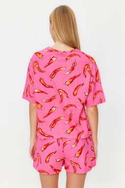 Pembe %100 Pamuklu Eglence Desenli Sortlu Orme Pijama Tak?m? THMSS24PT00002