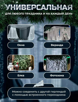 Гирлянда новогодняя светодиодная штора, занавеска Роса мишура 3х3 м, с пультом, 8 режимов , цвет мульти (разноцветный) - Buro фото 3