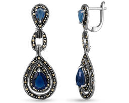 Серьги, марказит , синт.сапфир, SL-AGA120-1