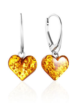 Серьги из цельного прозрачного янтаря коньячного цвета Сердечки