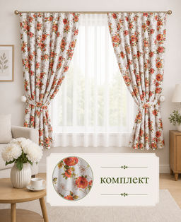 Готовые шторы арт. 0042, ТЕРРАКОТОВЫЕ РОЗЫ, комплект для кухни, Размеры: портьеры: (150 см ширина х 180 см высота)х2, вуаль: 300 см ширина х 170 см высота, подхватки
