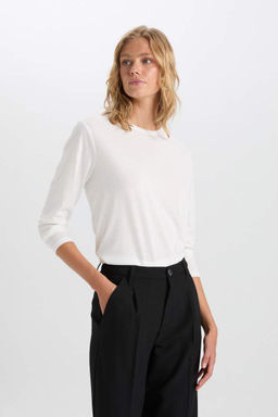 Женская обычная посадка с круглым вырезом, базовая простая повседневная футболка с длинными рукавами - Defacto фото 3