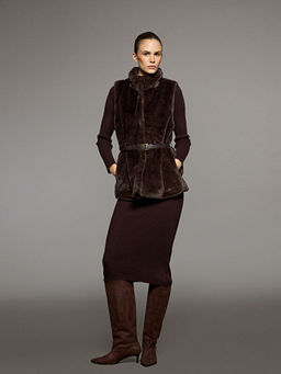 Dik Yaka Beli Kemerli Kad?n K?rk Yelek