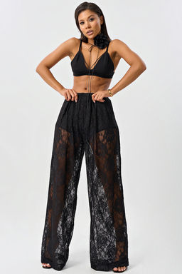 Брюки нарядные кружевные с розами черные