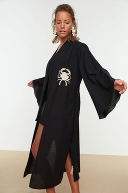 Siyah Kusakl? Midi Dokuma Nak?sl? Flaml? Pamuk Plaj Kimono&Kaftan TBESS22KM0039 - Trendyolmilla фото 2